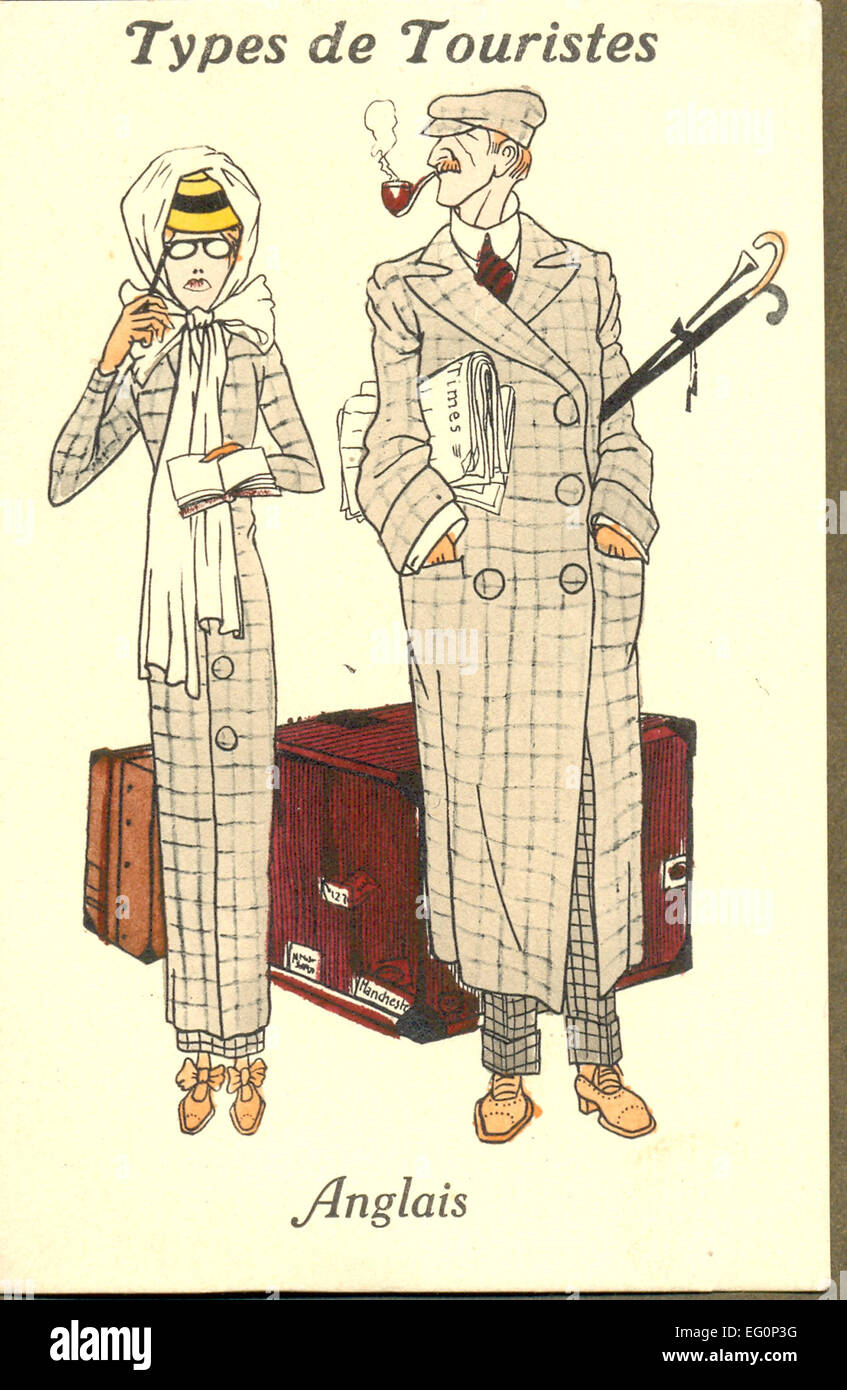 Postkarte zeigt Stereotype englischen Touristen Französisch Stockfoto