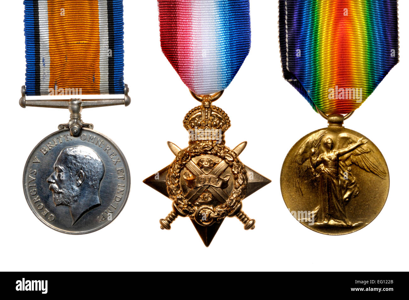 Ersten Weltkrieg Medaillen: "Pip, Quietschen und Wilfred" britischen Krieg-Medaille; 1914-Star; Sieg-Medaille (von links nach rechts) Stockfoto