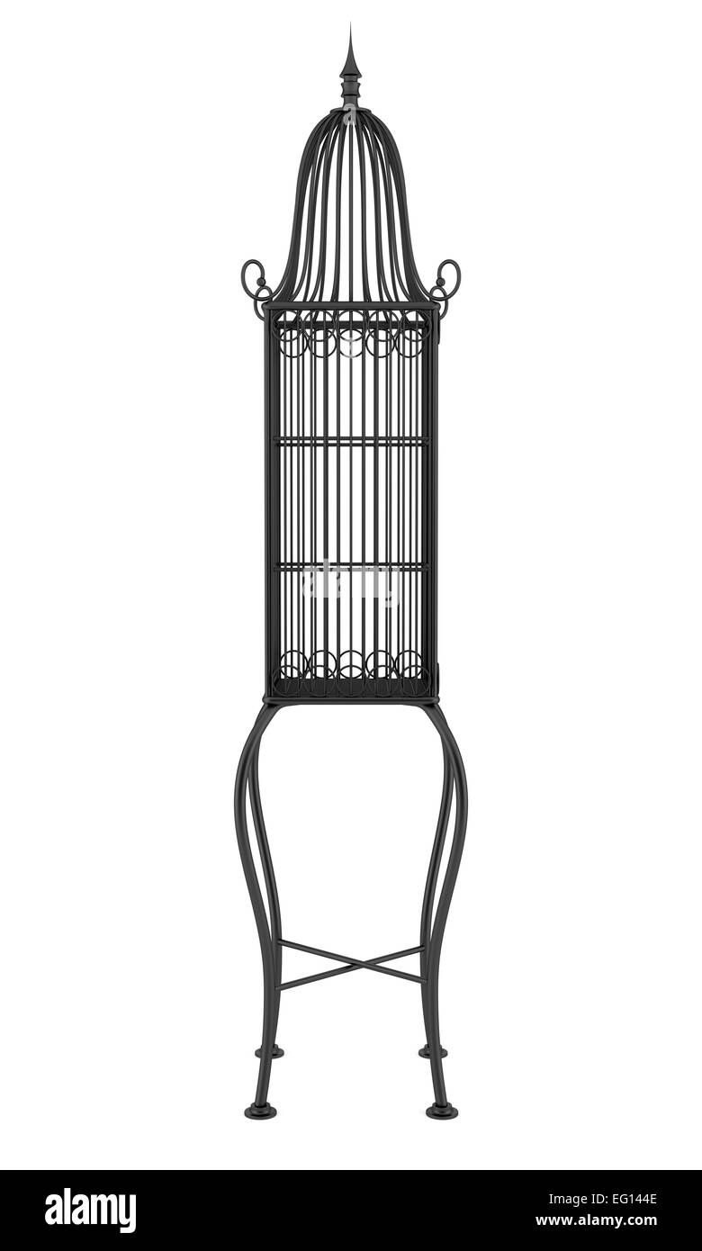 leere schwarze Vogelkäfig isoliert auf weißem Hintergrund Stockfoto