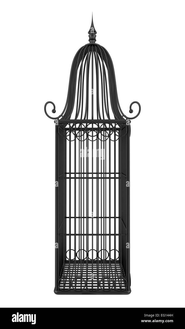 leere schwarze Vogelkäfig isoliert auf weißem Hintergrund Stockfoto