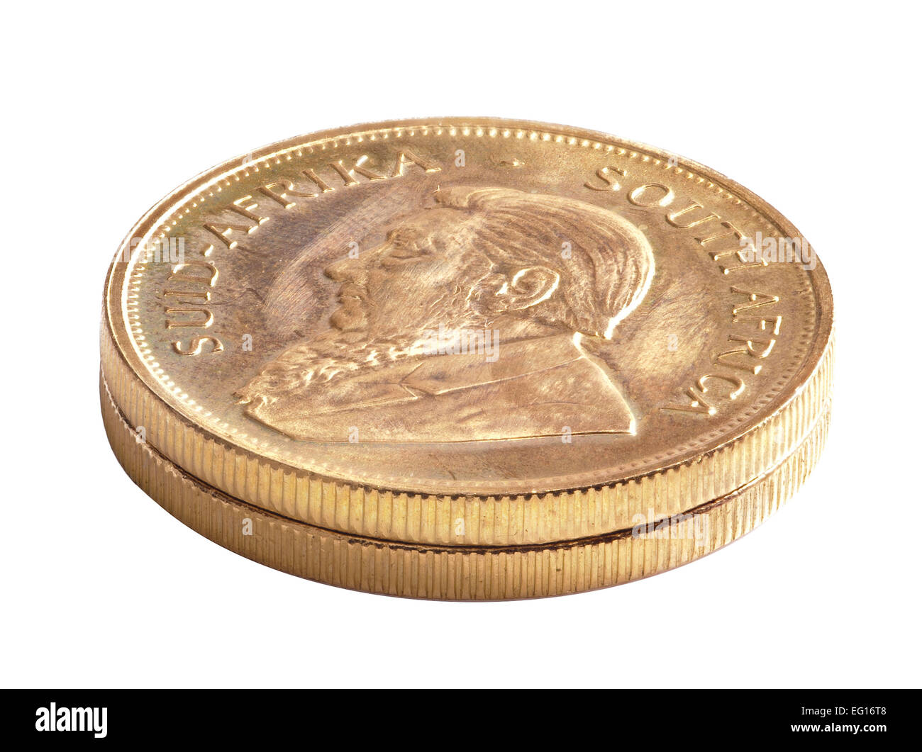 22 Caret Goldmünzen Krügerrand auf weißem Hintergrund Stockfoto