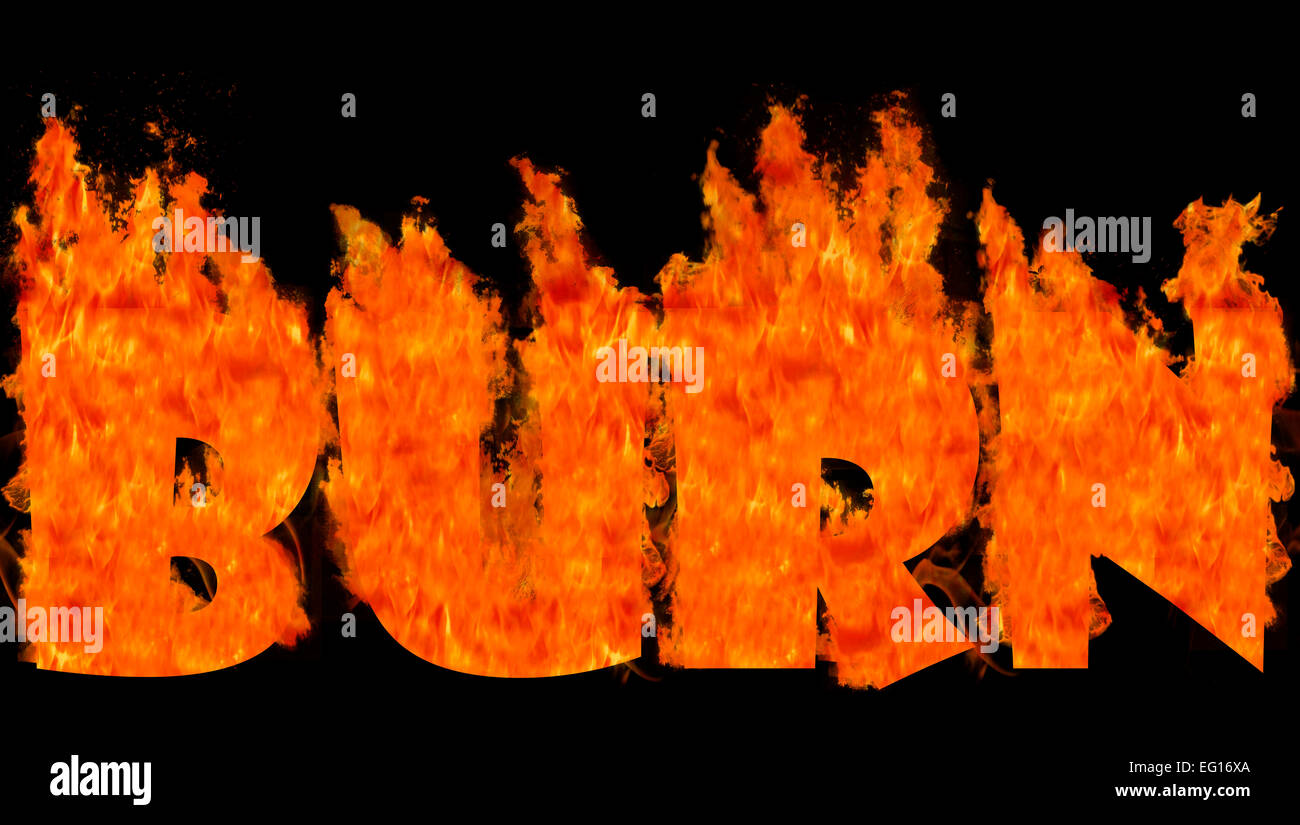 Konzept des flammenden Worten heiß brennen Feuer auf einfarbigen Hintergrund Stockfoto
