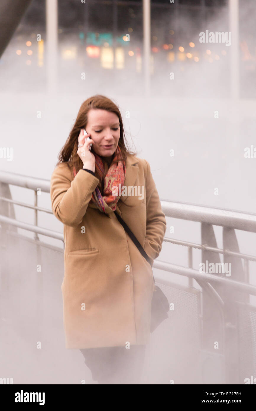 Bristol, UK. 13. Februar 2015. Eine japanische Künstlerin schuf "Nebel Brücke" über Harbourside Bristols, Status der Stadt als European Green Capital zu feiern. Peros Brücke verschwindet hinter einer sich verändernden Nebelschleier, laden den Besucher zu prüfen, den Klimawandel und wie es ihr Leben stören könnte. Bildnachweis: Rob Hawkins/Alamy Live-Nachrichten Stockfoto