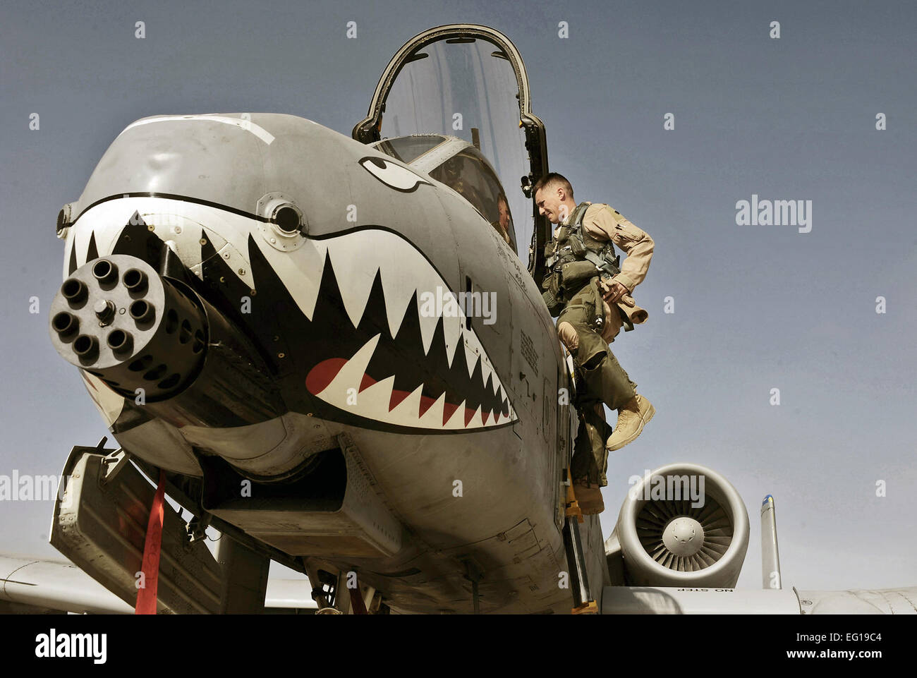 US Air Force major Loren Coulter, eine a-10 Piloten zum 75. Expeditionary Kämpfer-Geschwader zugewiesen wird ein US-Air Force A - 10 C Thunderbolt II am Kandahar Flugplatz, Afghanistan, 11. Januar 2011 beendet. Der Jagdstaffel zog ihr Vermögen auf die andere Seite von der Fluglinie, markieren die erste von vielen Zügen in Richtung Konsolidierung der 451st Air Expeditionary Wing Missionen.  Senior Airman Willard E. Grande II Stockfoto
