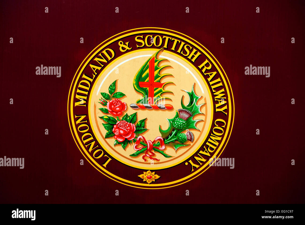 London Midland & Scottish Railway Company Logo auf außerhalb von Eisenbahnwagen Stockfoto