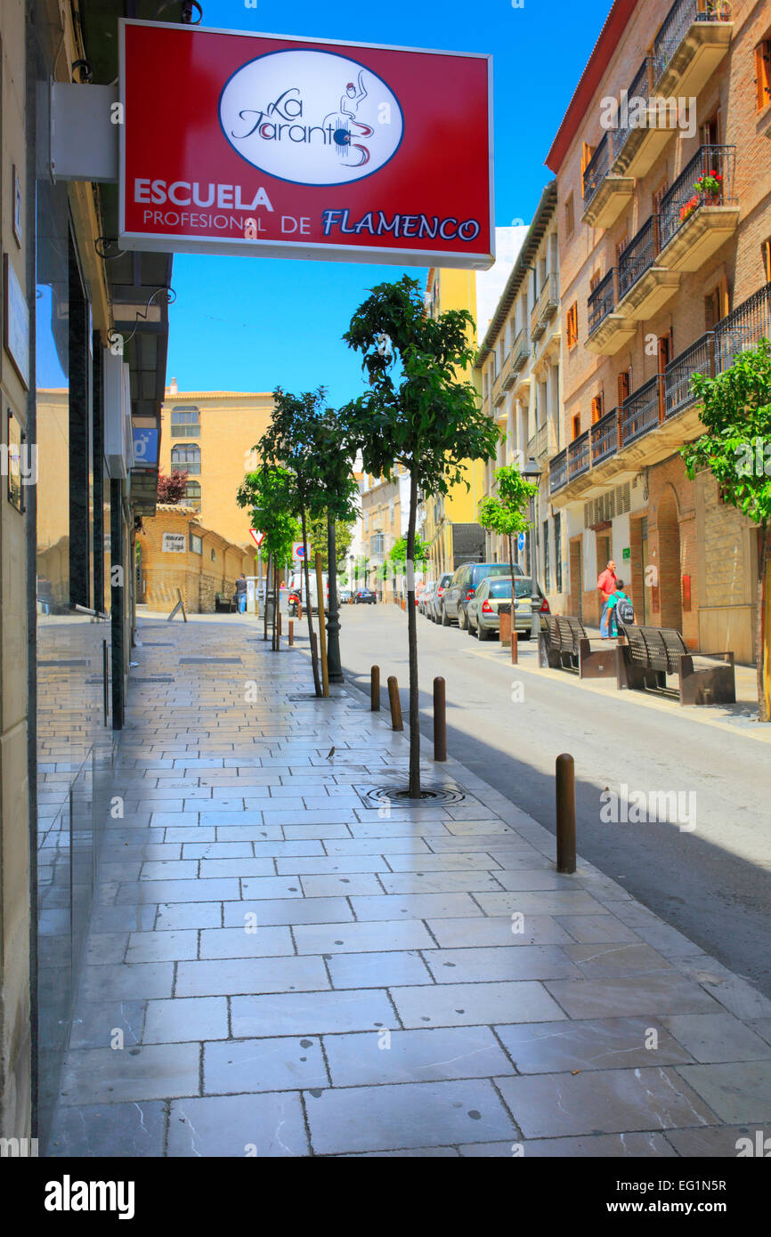 Zeichen der beruflichen Schule des Flamenco, Straße im alten Stadt, Jaen, Andalusien, Spanien Stockfoto