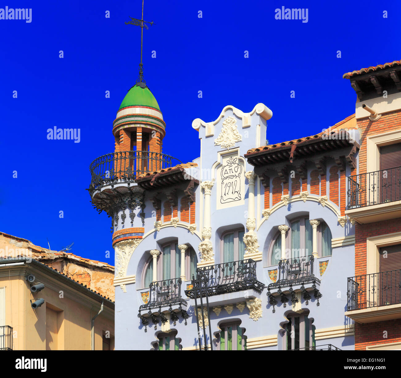 Jugendstil-Haus, Casa de Tejidos El Torico, (1912), Plaza del Torico, Teruel, Aragon, Spanien Stockfoto