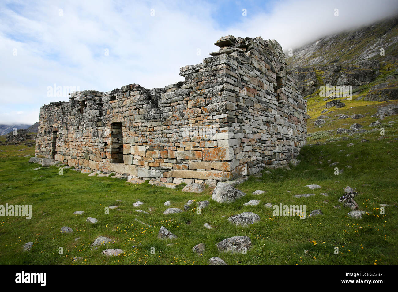 Grönland, Hvalsey aka Whale Island, die Ruinen der Kirche Haus. Stockfoto