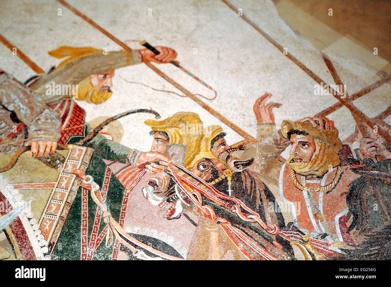 Kampf zwischen Alexander und Darius aus Pompeji (120 v. Chr.), Mosaik, Archäologisches Nationalmuseum Neapel, Kampanien, Italien Stockfoto