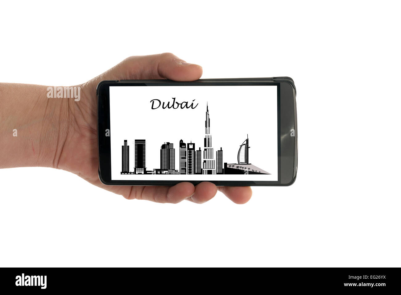 weibliche Hand mit Handy isoliert auf weiß mit Skyline von Dubai Stadt Stockfoto