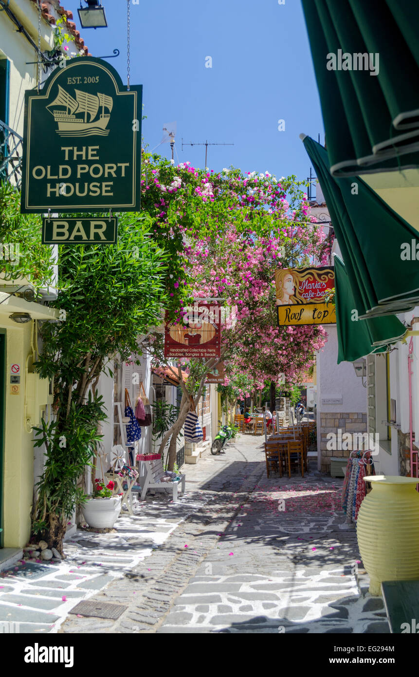 Zeigen Sie in einer traditionellen engen Straße mit kleinen Läden und Bars in Skiathos Stadt, Insel Skiathos, Griechenland, Europa an Stockfoto