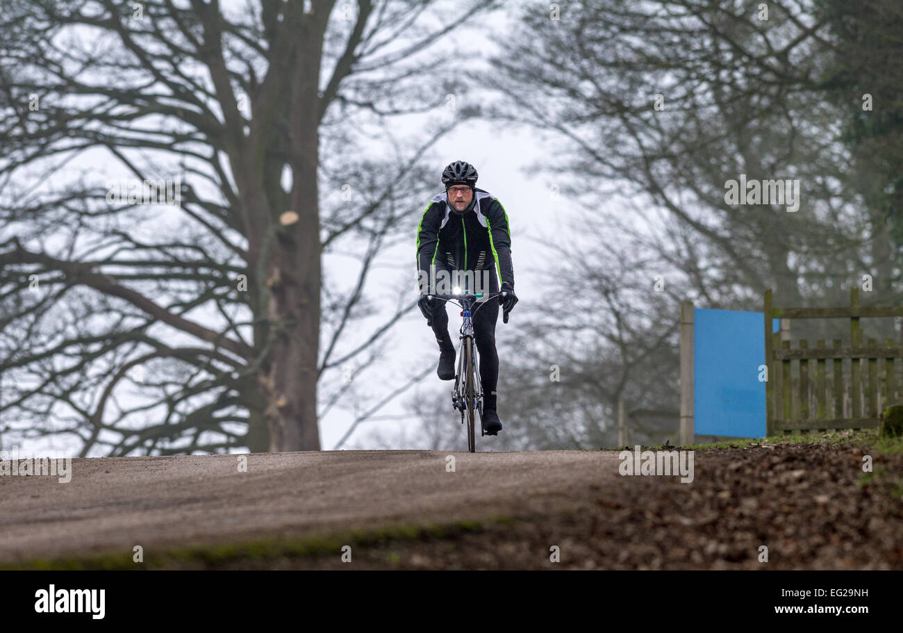 Männliche Radfahrer Fahrrad bergab durch einen Landschaftspark. Stockfoto