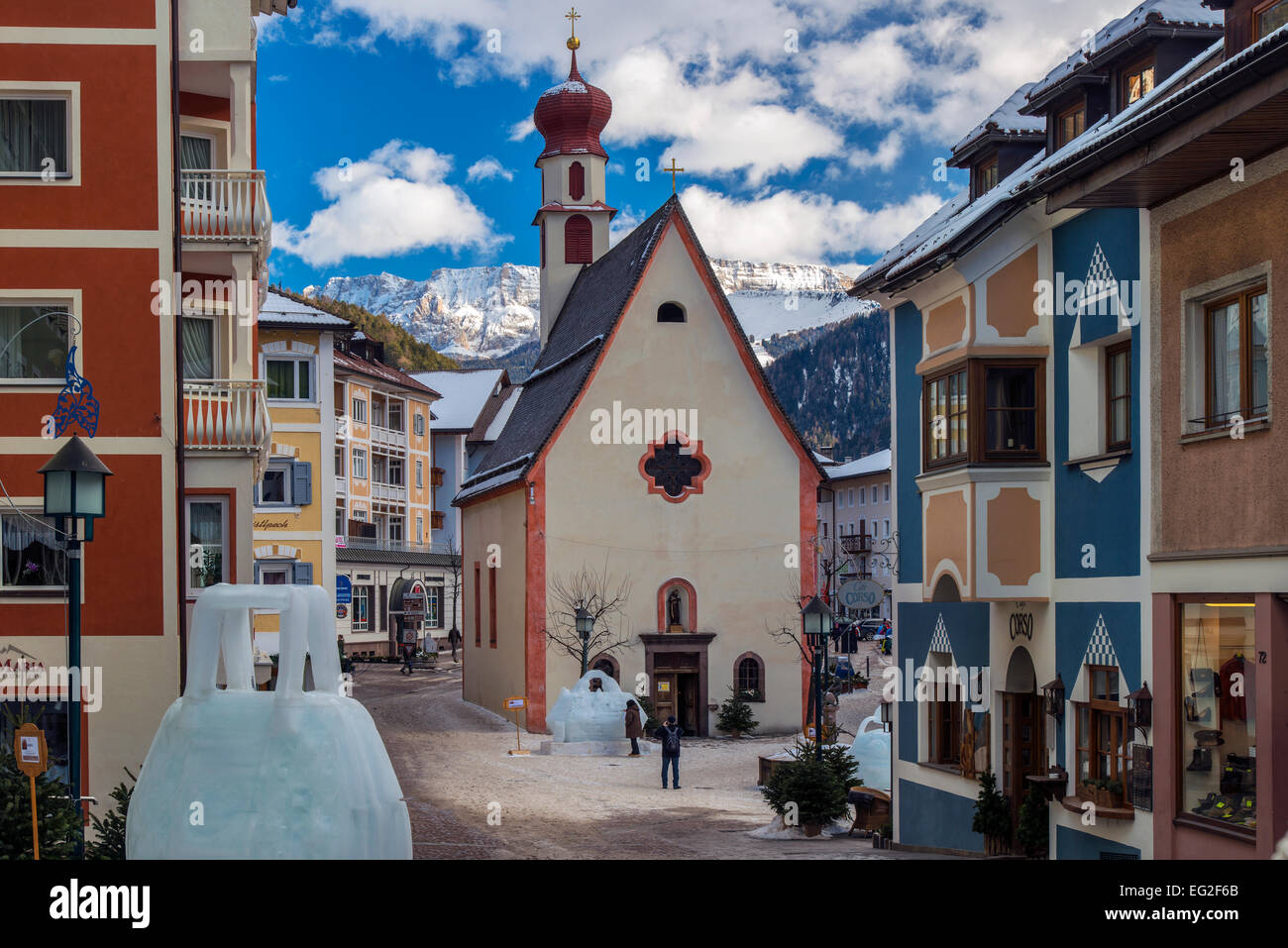 Winter-Blick auf St. Ulrich und St. Ulrich, Val Gardena, Alto Adige - Südtirol, Italien Stockfoto
