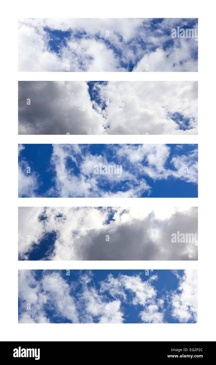 Collage aus verschiedenen Wolken am blauen Himmel Stockfoto