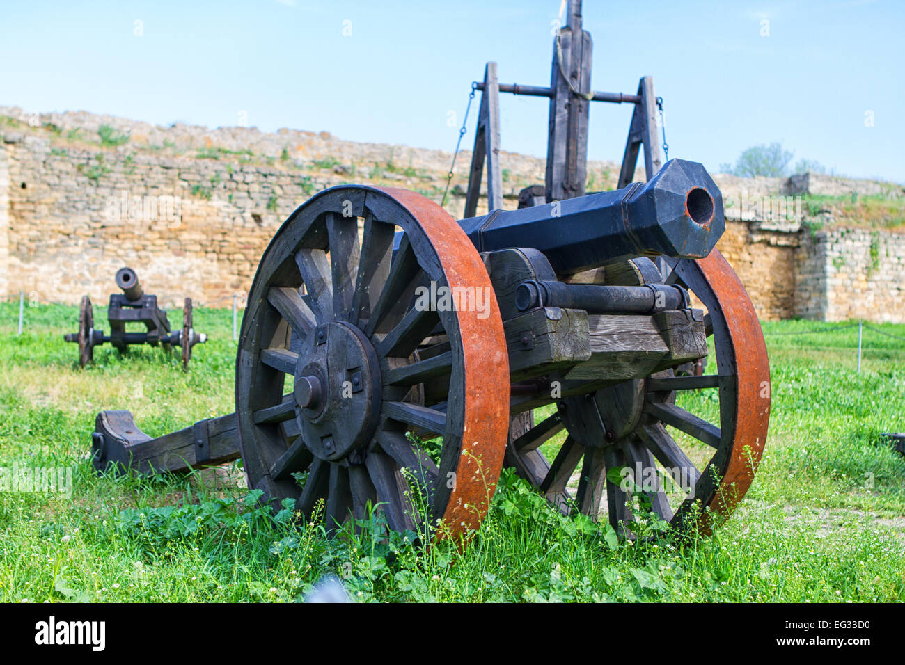 Mörtel aus dem XVIII Jahrhundert eine hölzerne Lafette Stockfoto