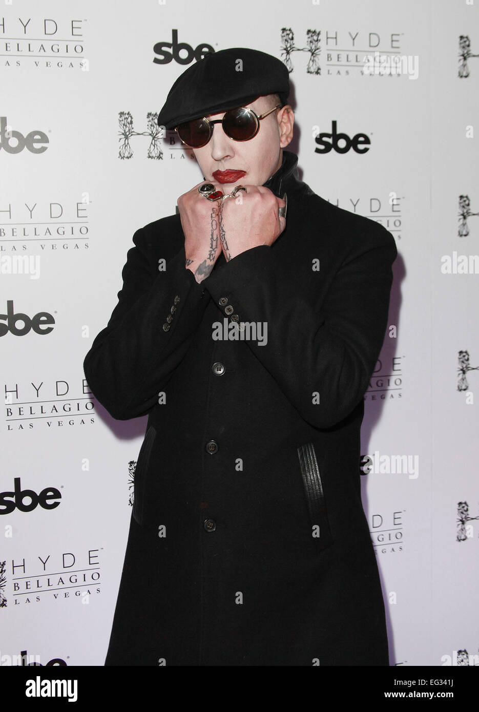 Las Vegas, Nevada, USA. 15. Februar 2015. Rocker Marilyn Manson kommt, um der "schwarzen Herzen Ball" im Hyde Bellagio Nachtclub am 14. Februar 2015 in Las Vegas, Nevada Credit Gastgeber: Marcel Thomas/ZUMA Draht/Alamy Live News Stockfoto