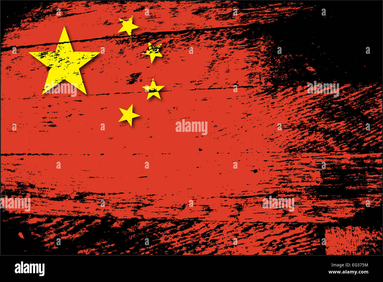 Eine chinesische Flagge mit einem Grunge-Filter auf einem weißen Hintergrund isoliert Stockfoto