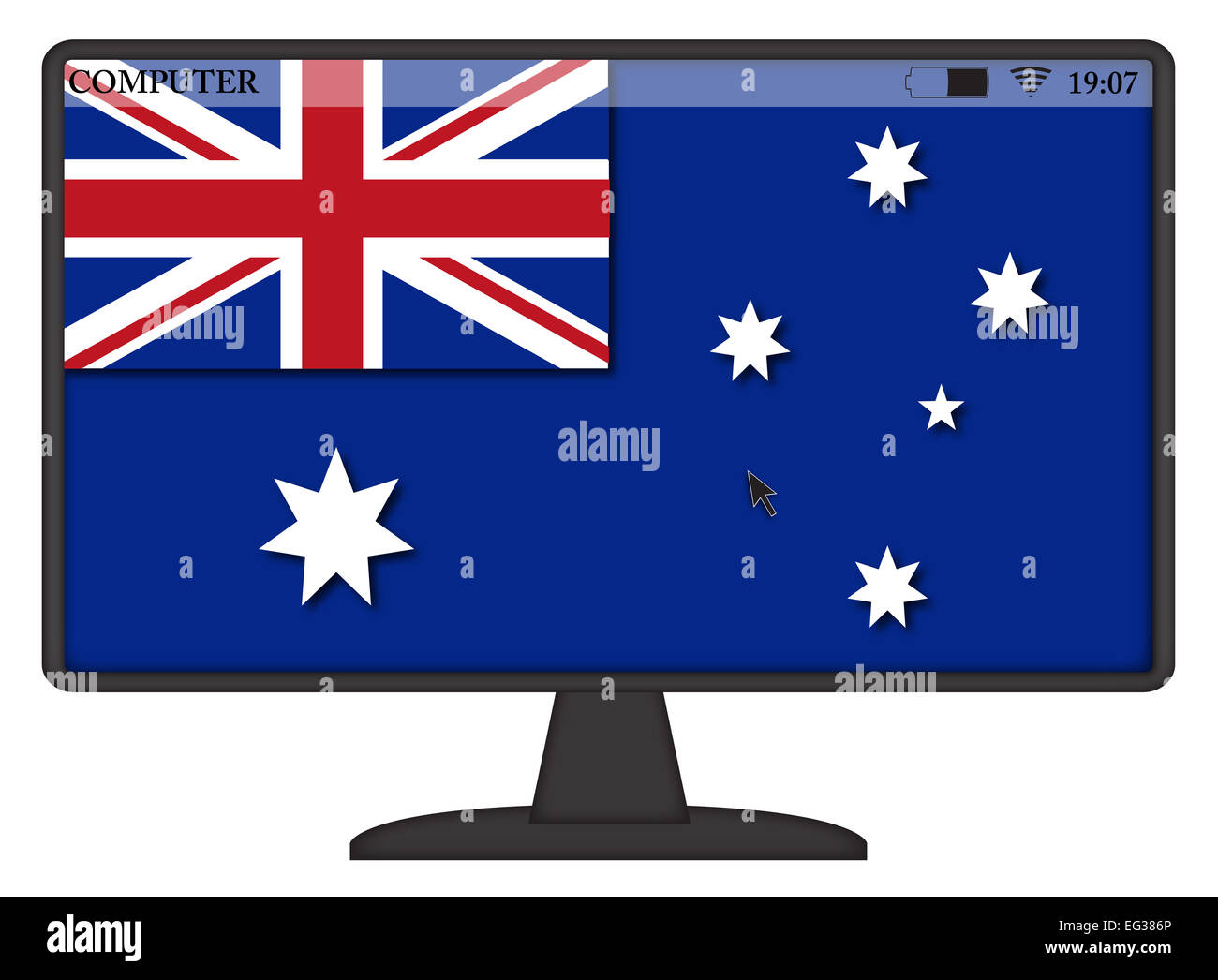 Ein Maus-Pfeil oder Cursor auf eine australische Flagge Computerbildschirm isoliert auf weißem Hintergrund Stockfoto