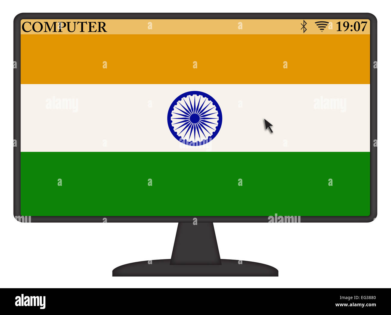 Ein Maus-Pfeil oder Cursor auf einer Indien-Computerbildschirm isoliert auf weißem Hintergrund Stockfoto