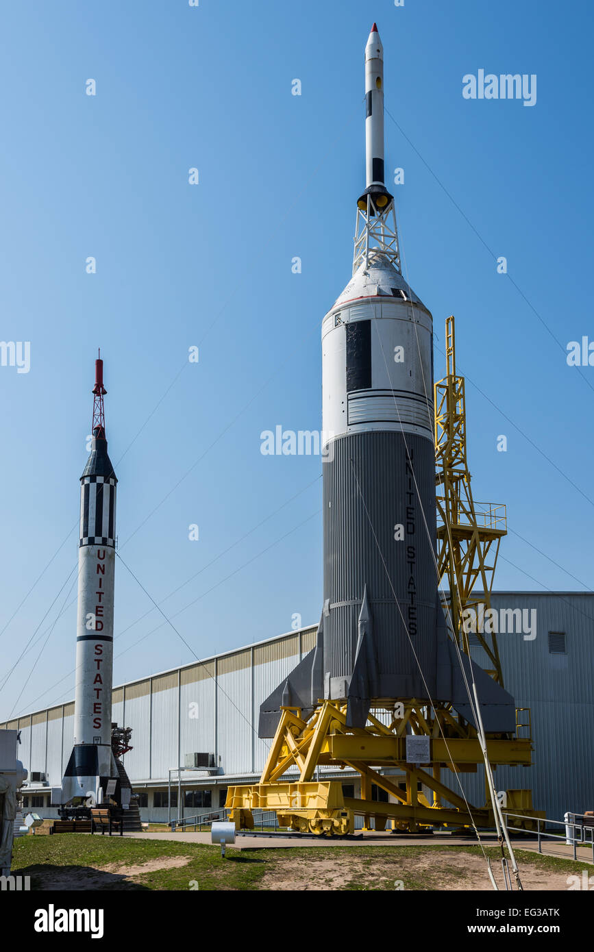 Modellraketen auf die Rakete Park, NASA Johnson Space Center in Houston, Texas, USA. Stockfoto