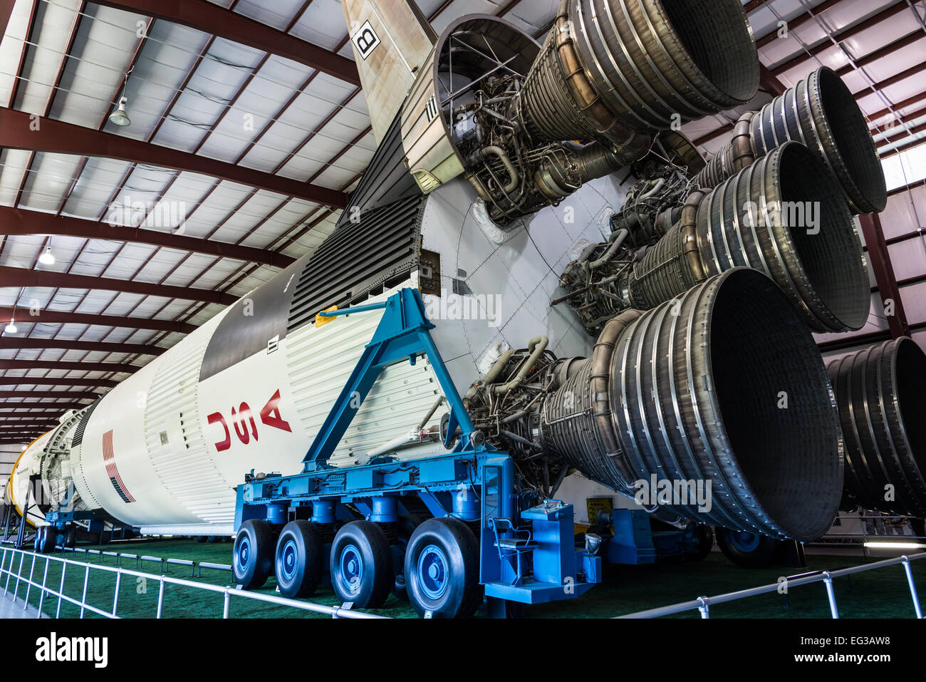 Stufe I die Saturn V-Rakete am NASA Johnson Space Center in Houston, Texas, USA. Stockfoto