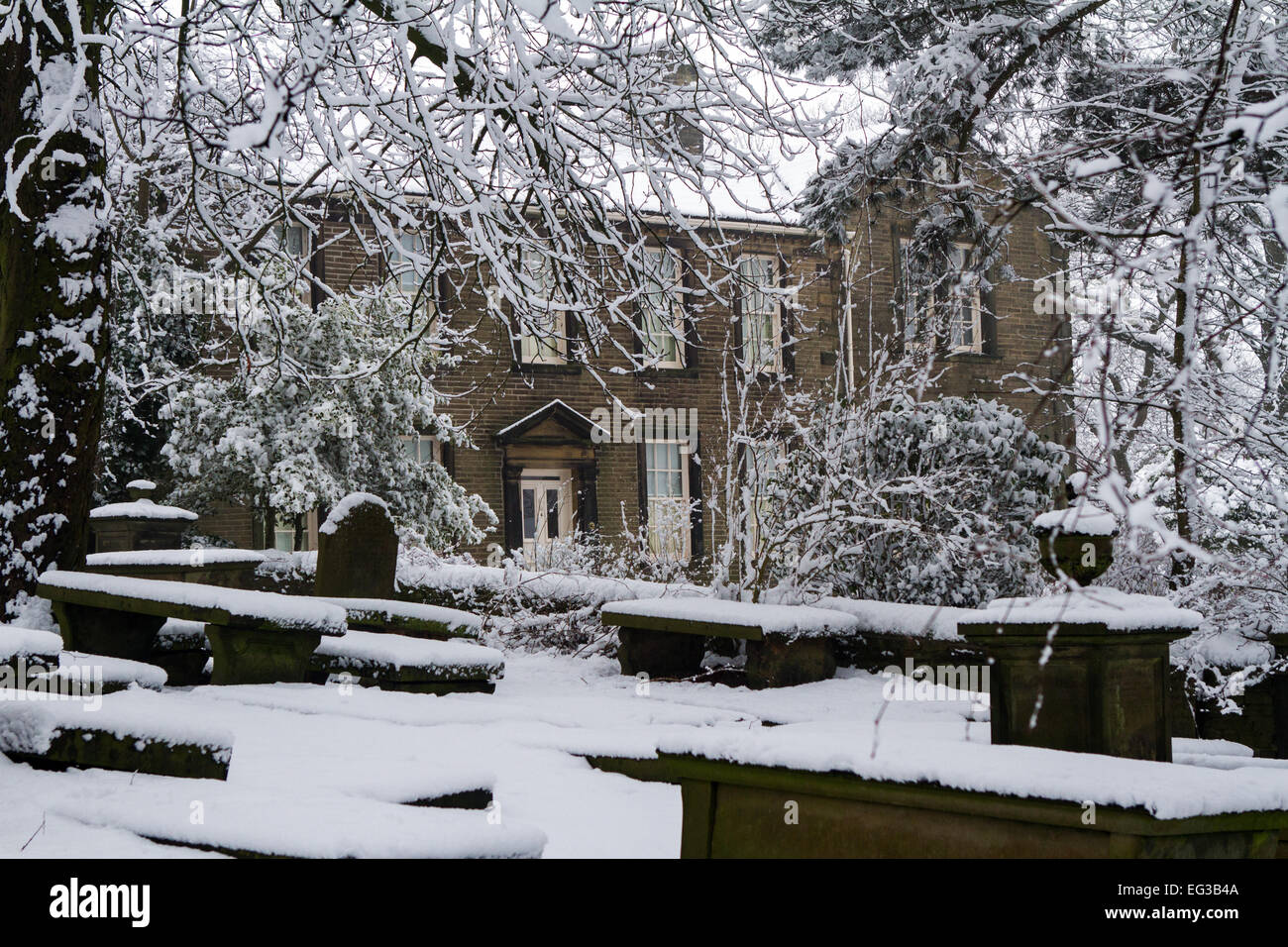 Haworth Pfarrhaus im winter Stockfoto