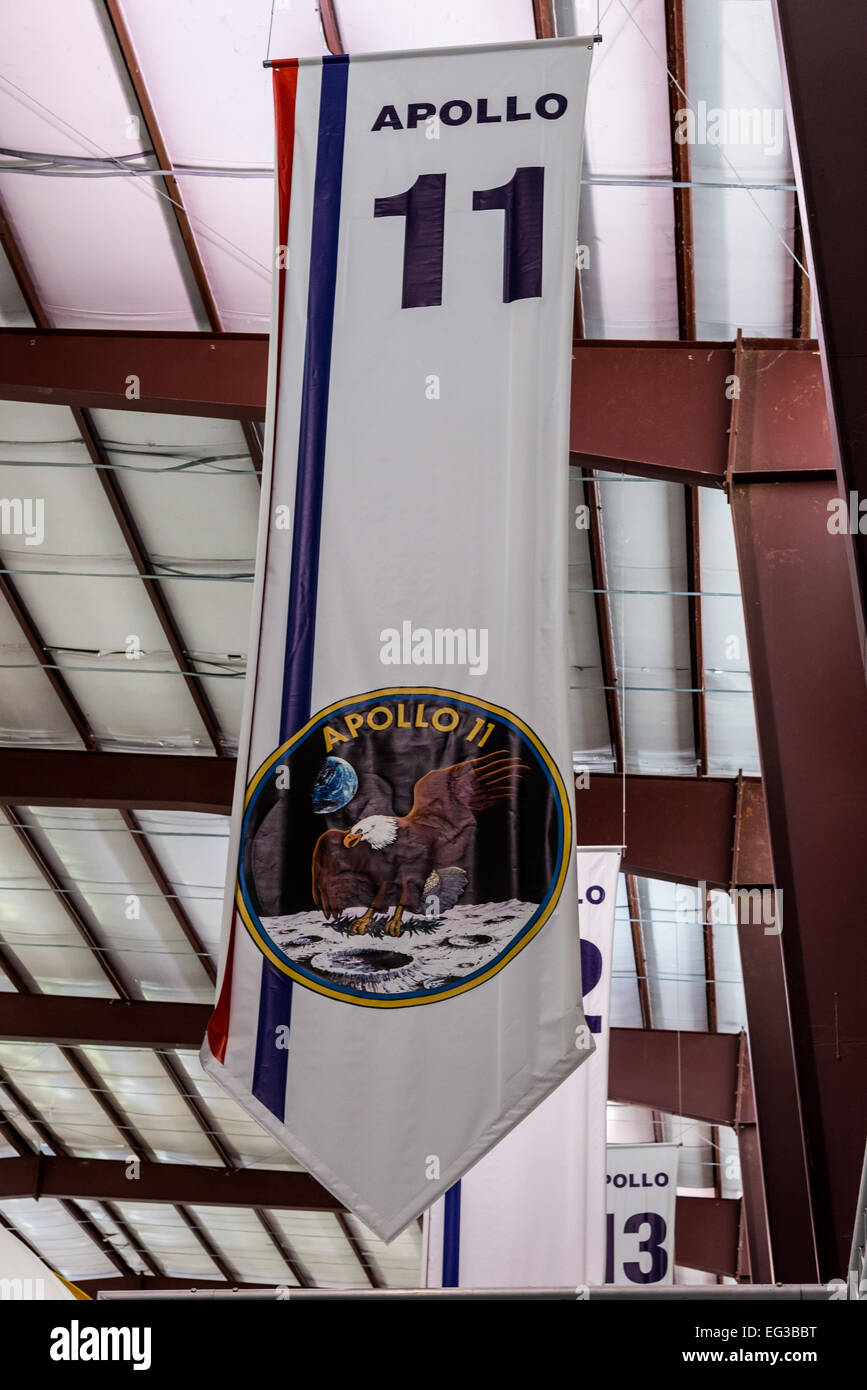 Banner von Apollo 11, erste bemannte Mondlandung im Jahr 1969 im NASA Johnson Space Center in Houston, Texas, USA. Stockfoto