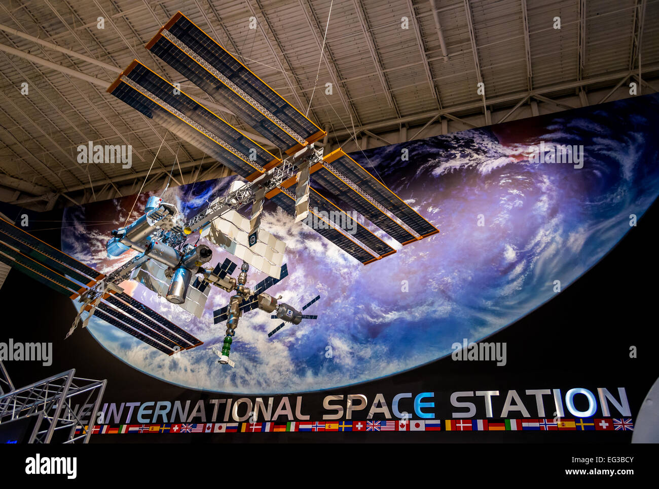 Modell der internationalen Raumstation im NASA Johnson Space Center in Houston, Texas, USA. Stockfoto
