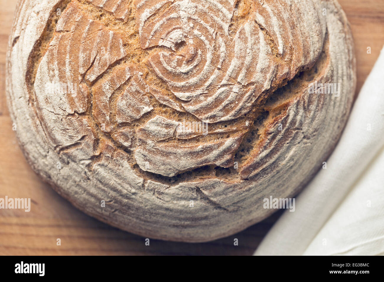 Draufsicht des rundes Brot Stockfoto