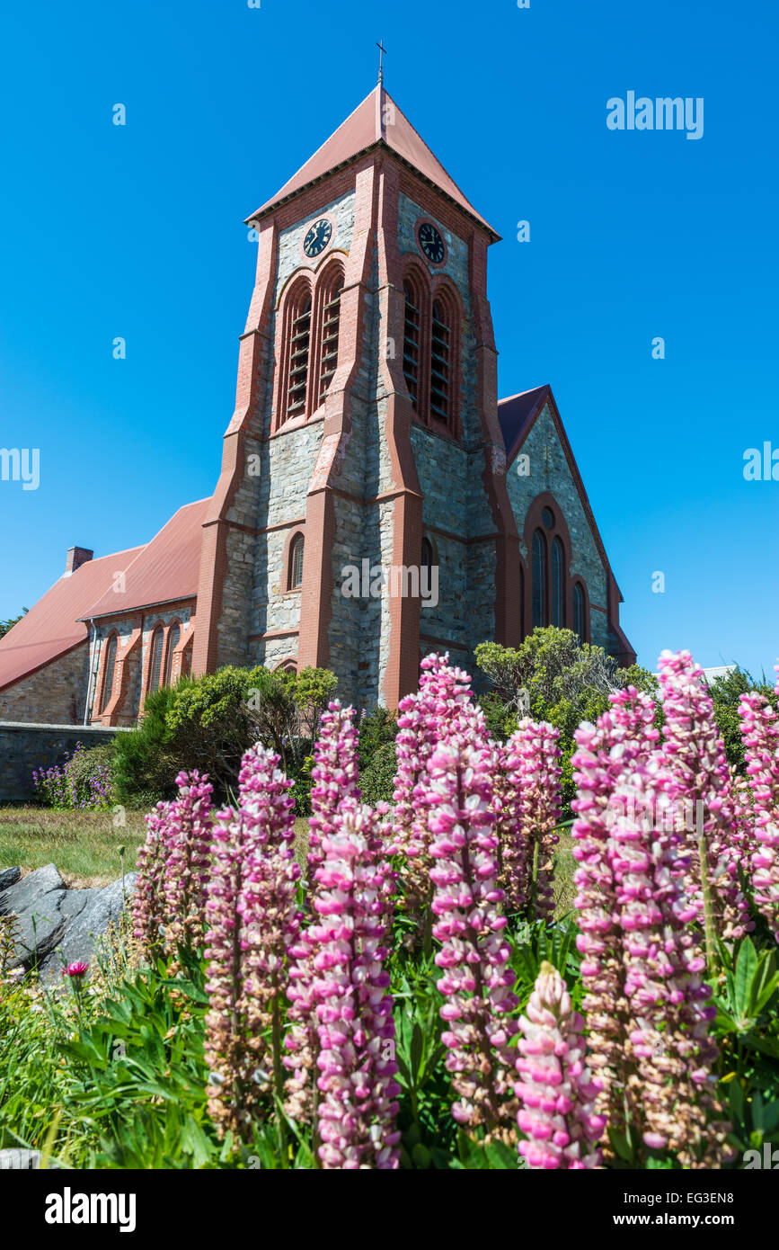 Christ Church Cathedral mit Fischbein Bogen, Ross Road, Stanley, Falkland-Inseln - Sommer Stockfoto