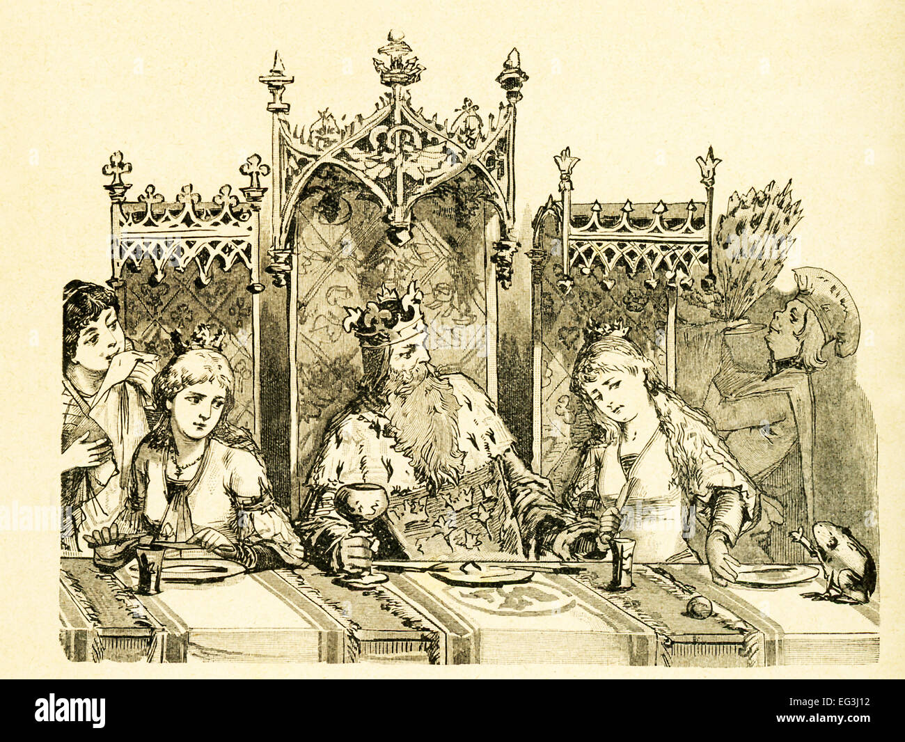 Im Jahre 1812 veröffentlicht Gebrüder Grimm, Jacob und Wilhelm, Kinder- und Hausmärchen, eine Sammlung Deutsche Märchen. Diese Illustration begleitet die Geschichte von "The Princess and the Frog" und zeigt die Prinzessin mit dem Frosch am Esstisch des Schlosses. In der Erzählung eine verwöhnte Prinzessin freundet sich mit einem Frosch und der Frosch dann später verwandelt sich in einen Prinzen. Dieses Bild ist aus Grimms Eventyr (Grimms Märchen) von Carl Ewald, im Jahr 1922 veröffentlicht. Das Titelbild hat die Illustrationen von Philip Grot Johann und R. Leinweber. Johann war ein bekannter deutscher Illustrator und hat Stücke für Goethe, Stockfoto