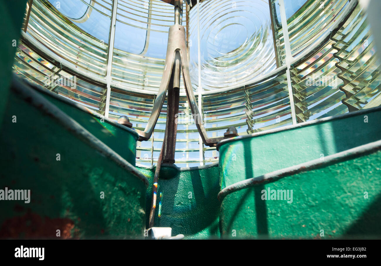 Leuchtturm-Glaslinse, Ansicht von innen Stockfoto