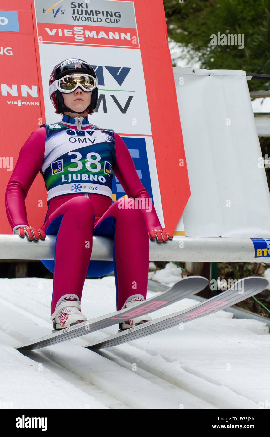 Ljubno, Deutschland. 15. Februar 2015. Nita Englund (USA) auf der Schanze in Ljubno FIS World Cup Damen Skispringen. Bildnachweis: Rok Rakun/Pacific Press/Alamy Live-Nachrichten Stockfoto