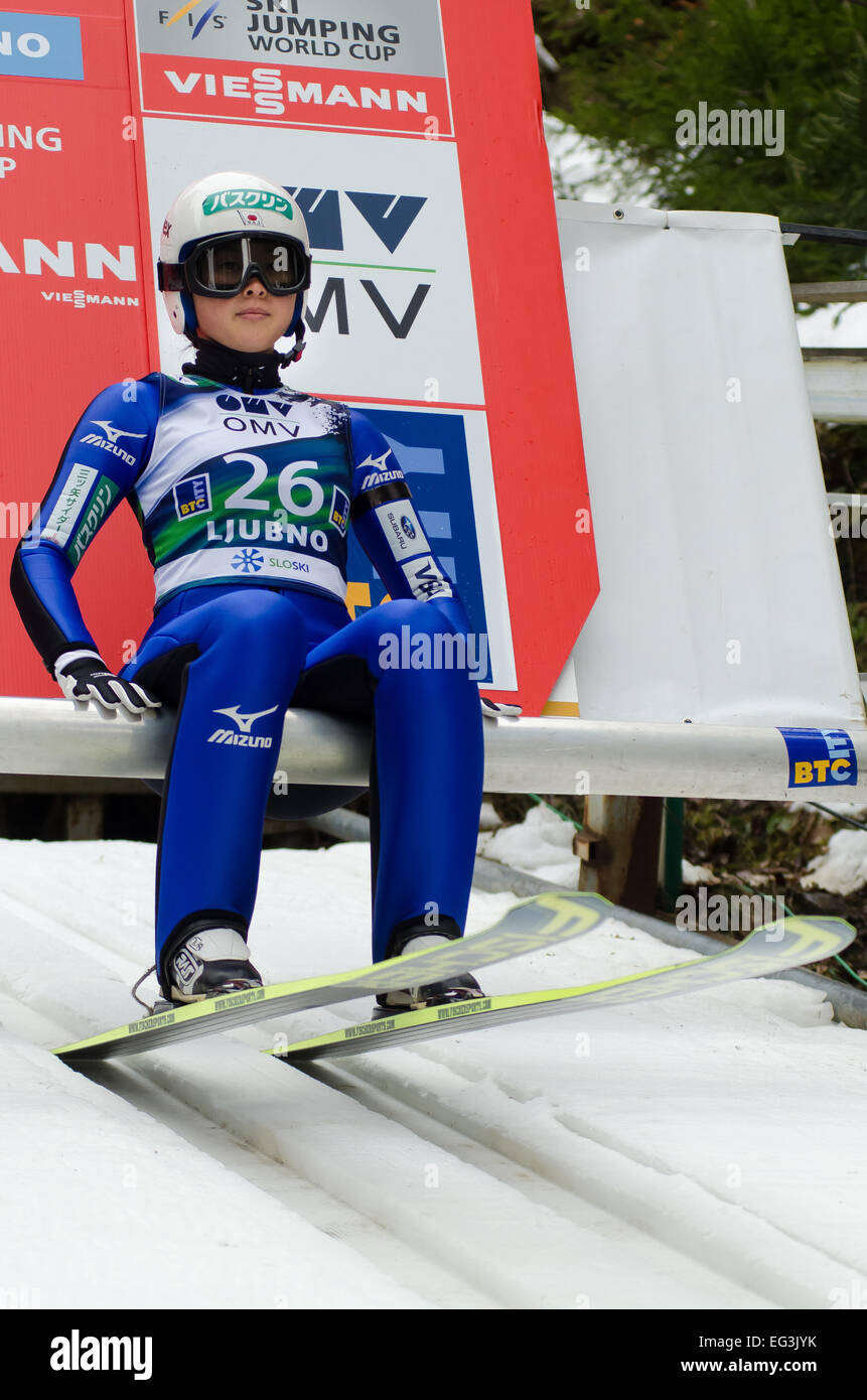 Ljubno, Deutschland. 15. Februar 2015. Yuka Seto (JPN) auf der Schanze in Ljubno FIS World Cup Damen Skispringen. Bildnachweis: Rok Rakun/Pacific Press/Alamy Live-Nachrichten Stockfoto