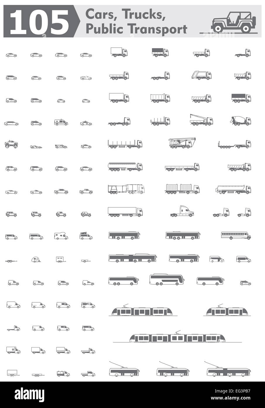 Vektor-Pkw, LKW und ÖPNV-Symbole Stockfoto