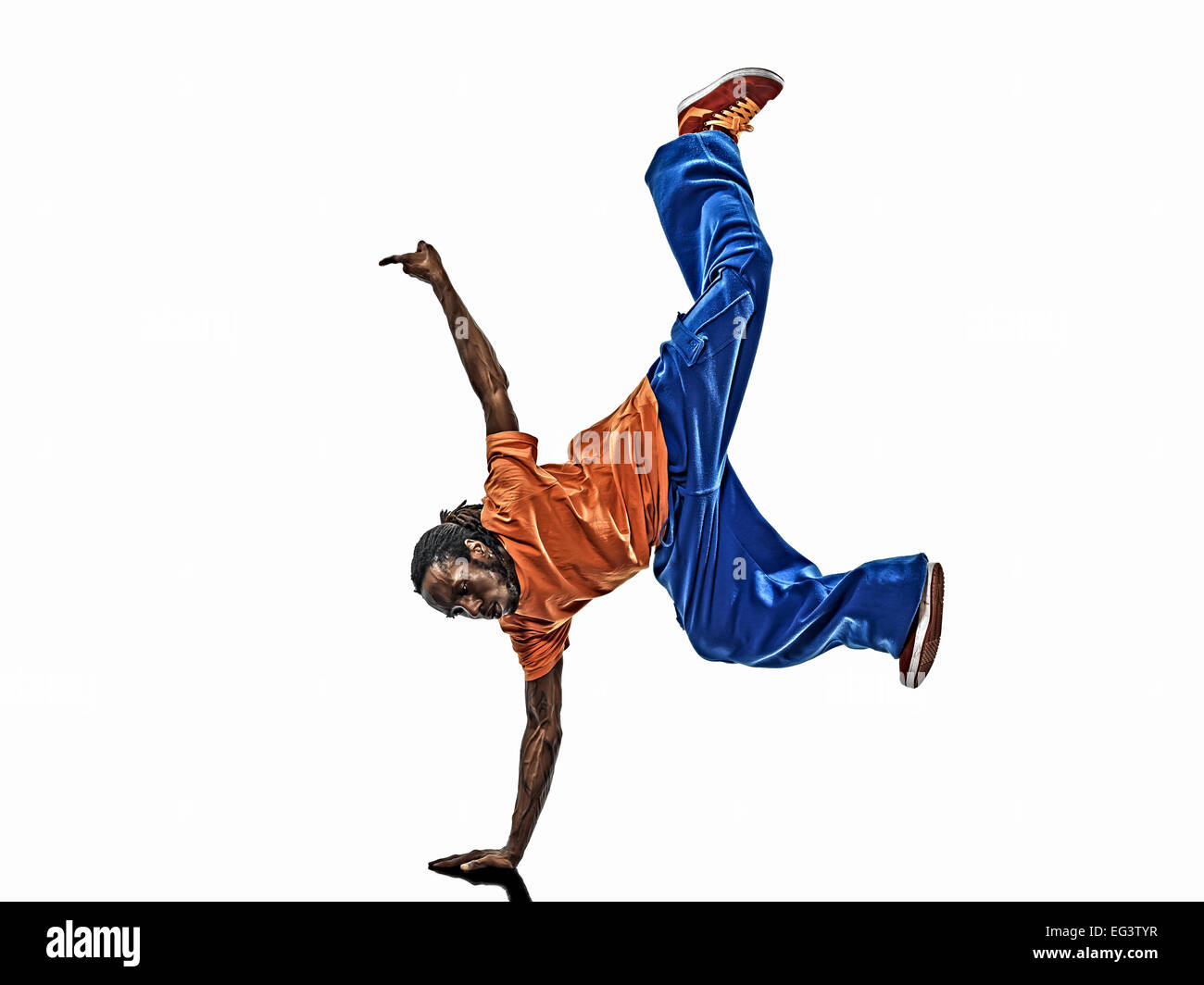 ein hip Hop akrobatische Pause Tänzer Breakdance Jüngling Handstand Silhouette weißen Hintergrund Stockfoto