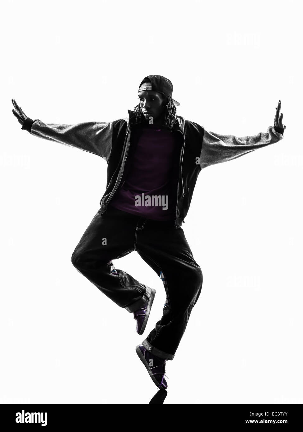 einen hip Hop akrobatische Pause Tänzer Breakdance Jüngling Silhouette weißen Hintergrund Stockfoto