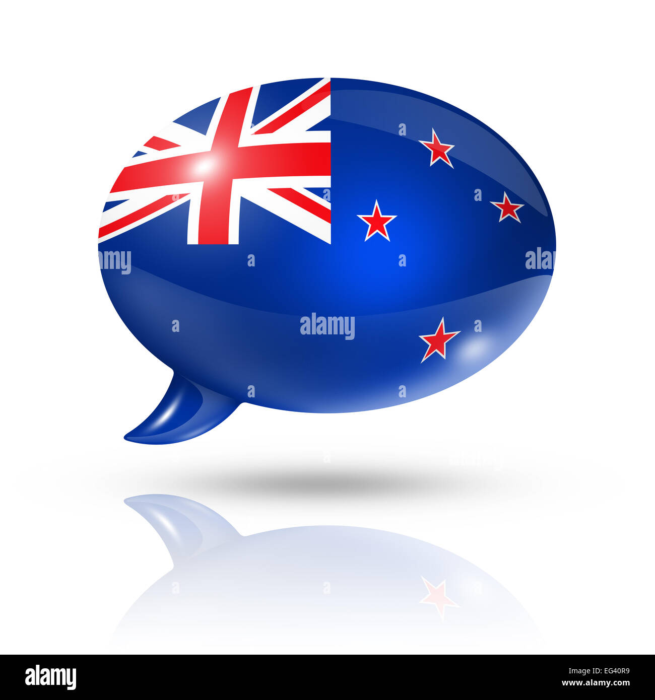drei dimensionale Neuseeland Flagge in einer Sprechblase isoliert auf weiss mit Beschneidungspfad Stockfoto