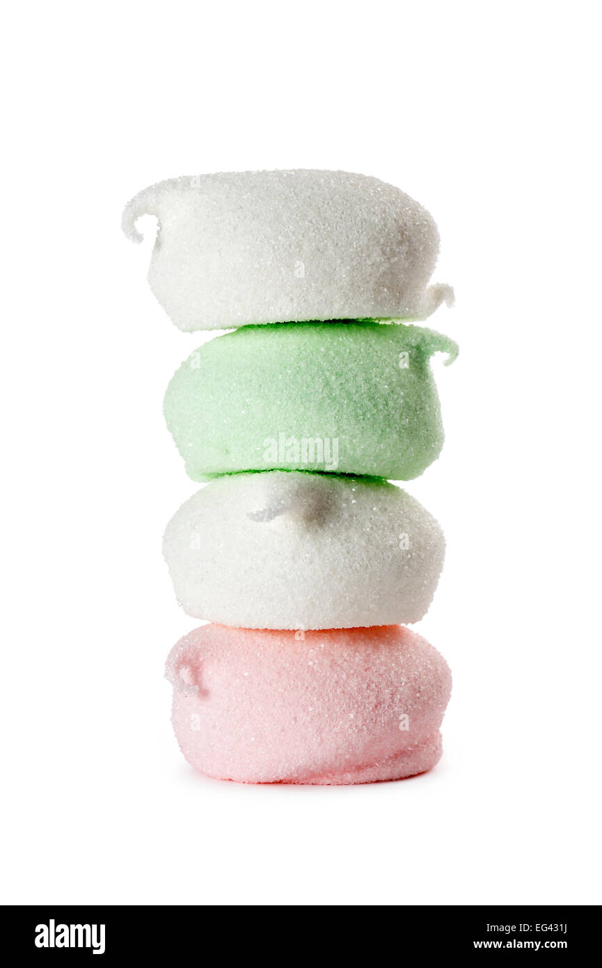 Marshmallow-Stack, isoliert auf weiss Stockfoto