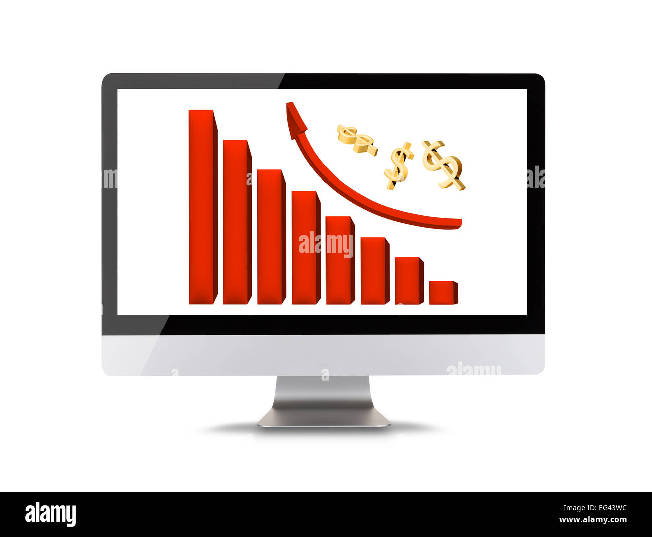 Moderne Computer-Display mit digitaler Icons von wirtschaftlichen Graphen. Ansicht von vorne. Isoliert auf weißem Hintergrund Stockfoto