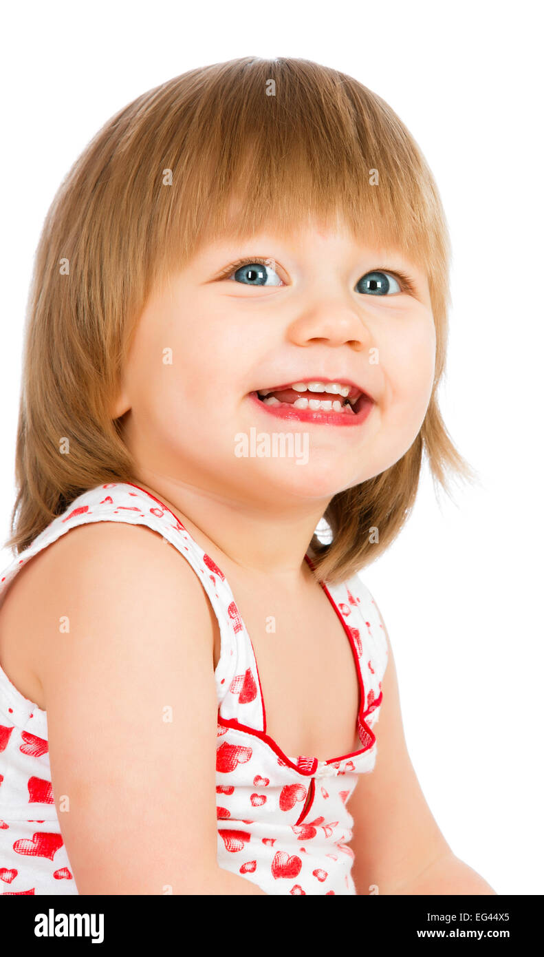 Porträt zwei Jahre alten Mädchen auf weißem Hintergrund Stockfoto