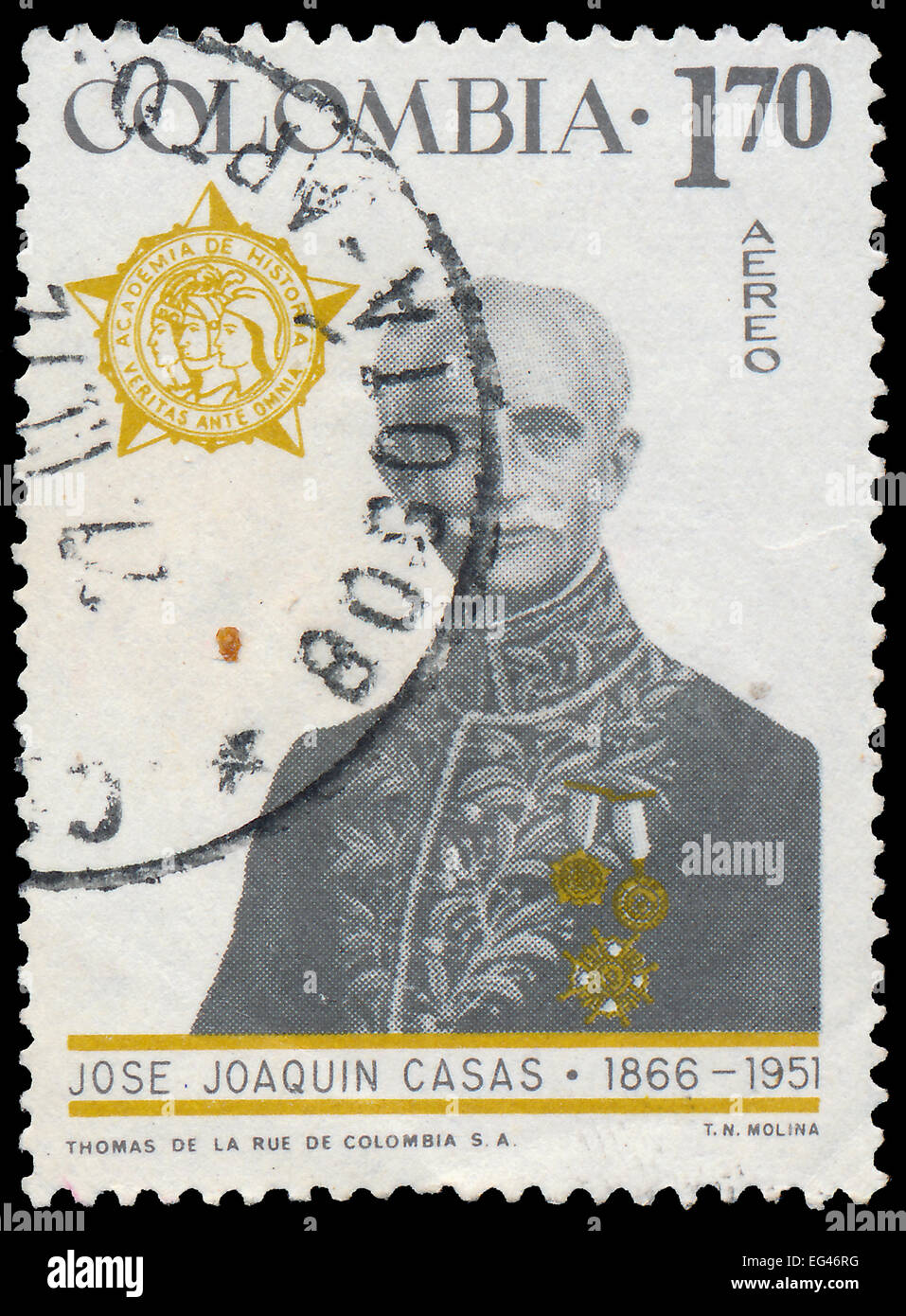 Kolumbien - CIRCA 1967: Eine Briefmarke gedruckt in Kolumbien, zeigt Porträt von Jose Joaquin Casas (1866-1951), Pädagoge, Diplomat, ca. Stockfoto