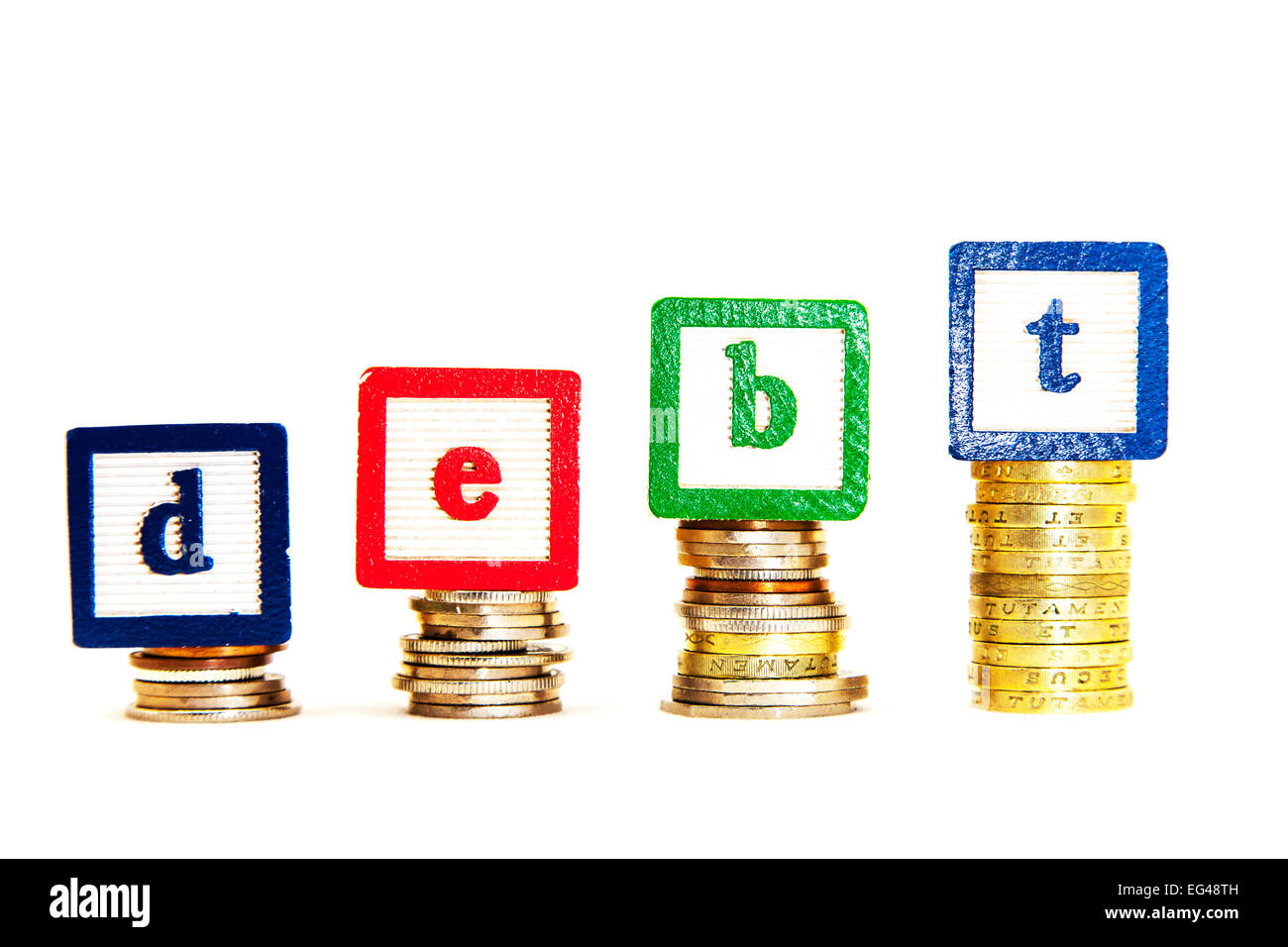 Schulden steigen Kosten Kosten Schulden Geld Leid geschuldeten Mittel Einnahmen Einkommen kritischen nationalen Finanzierungssituation ausgeschnitten textfreiraum weiß Stockfoto