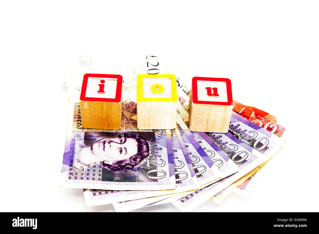 IOU verdanken Sie wegen Geld Barkredit Schuldner Fonds Kreditfonds skint Pay Rechnung Rechnungen bezahlen Kopie Raum weißen Hintergrund ausschneiden Stockfoto