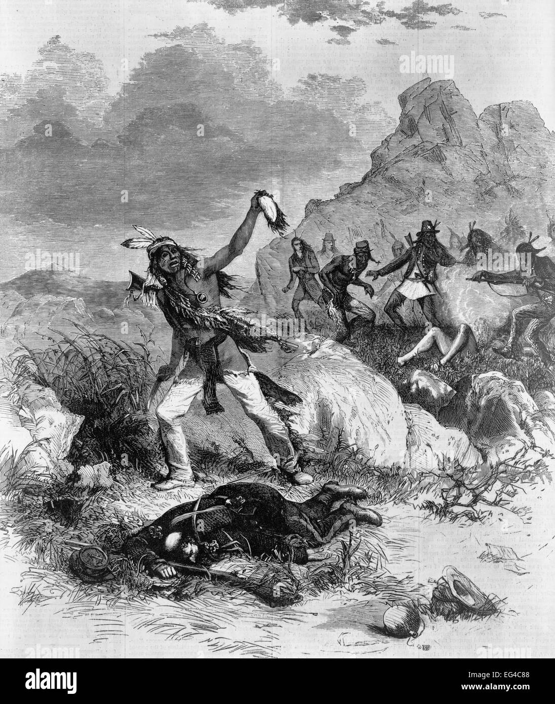 Modocs scalping und foltern Gefangene - Illustration zeigt ein Modoc-Indianer halten auf der Kopfhaut eines toten Soldaten, die zu seinen Füßen liegen; im Hintergrund stehen andere Modocs in der Nähe der Leiche eines anderen Soldaten, ca. 1873 Stockfoto