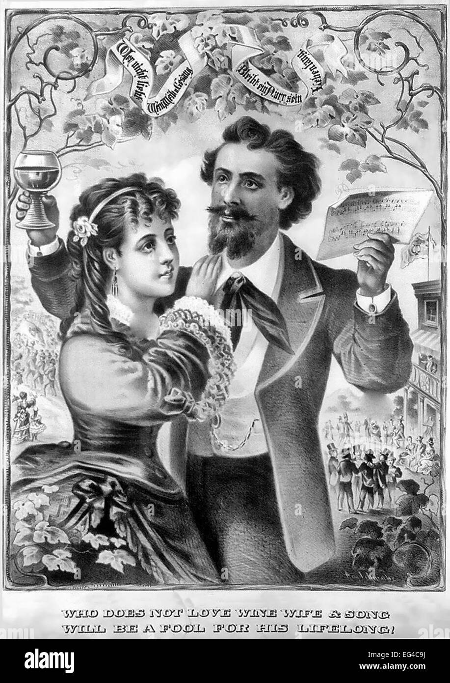 "Wer nicht liebt Wein, Frau und Gesang, werden ein Narr für seine lebenslange!"  1873-Plakat Stockfoto
