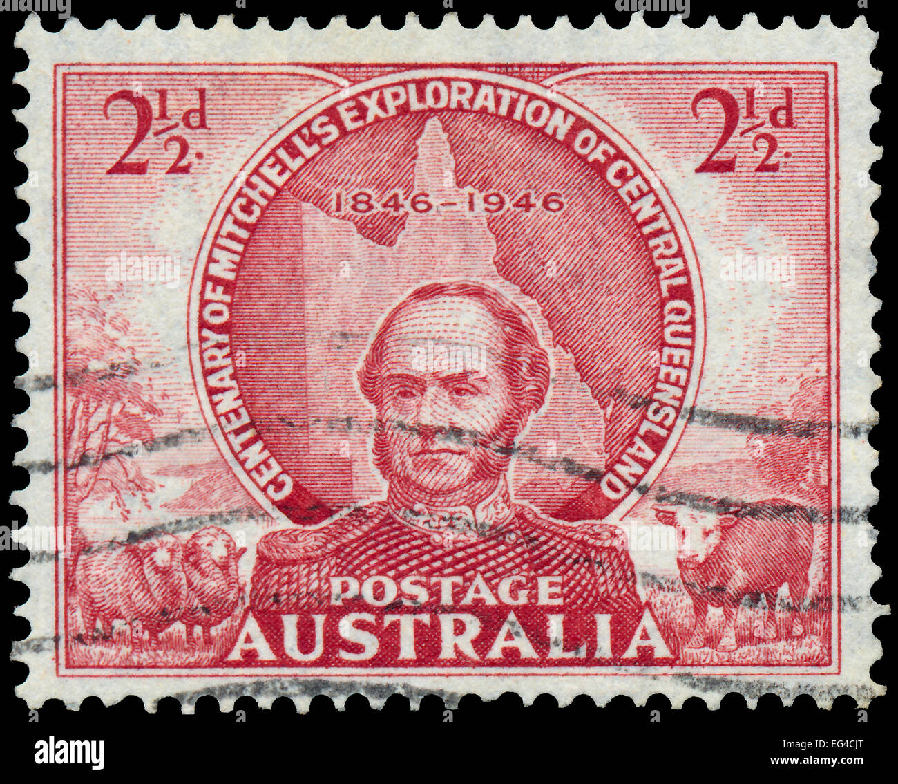 Australien - ca. 1946: Eine Briefmarke gedruckt in Australia Shows der 100. Anniversary of Sir Thomas Mitchell's Central Queensland Exp Stockfoto