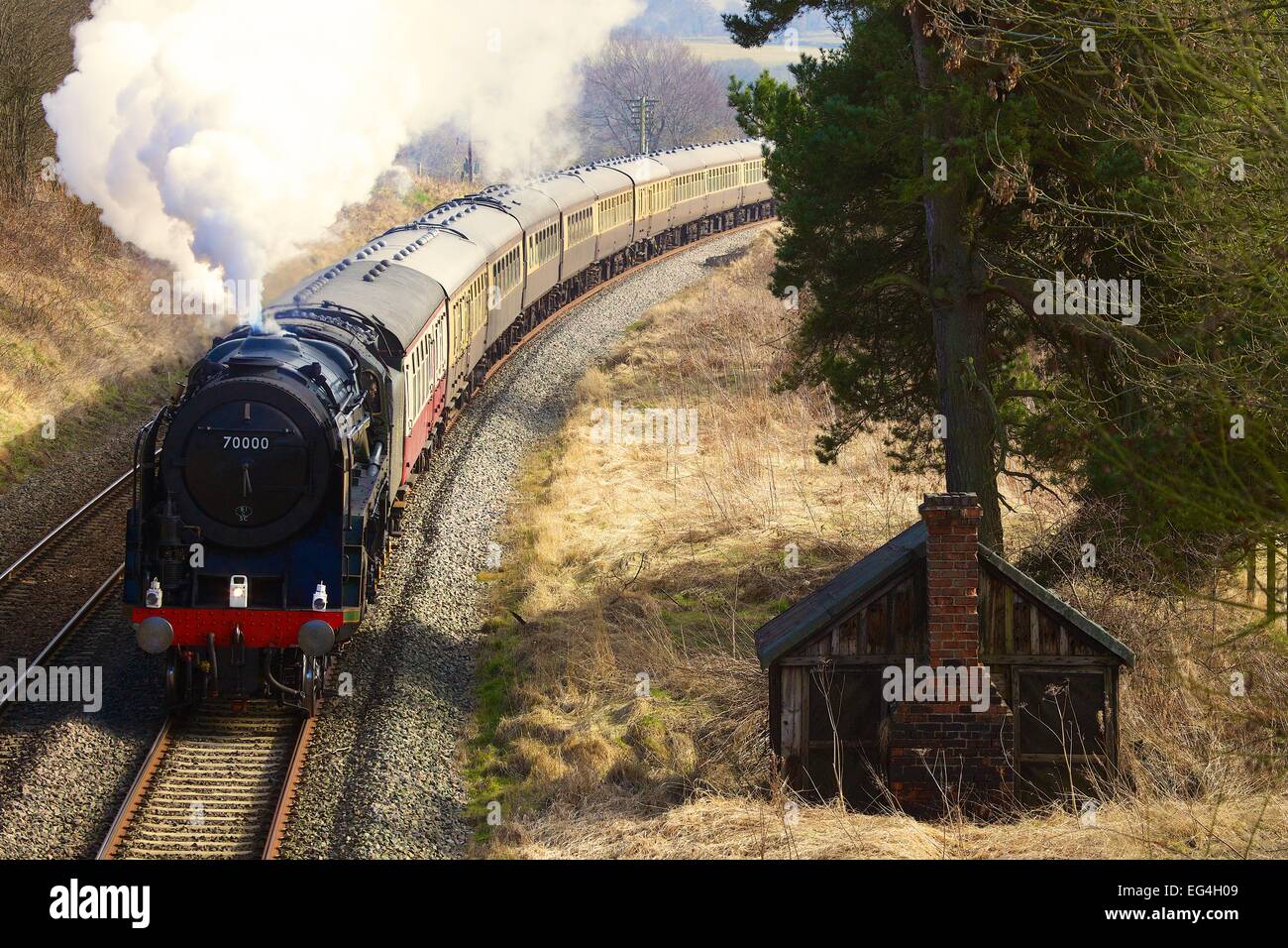 Britannia Dampfzug. Duncowfold Cumwhinton Settle Carlisle Railway Line Eden Valley Cumbria England UK Stockfoto