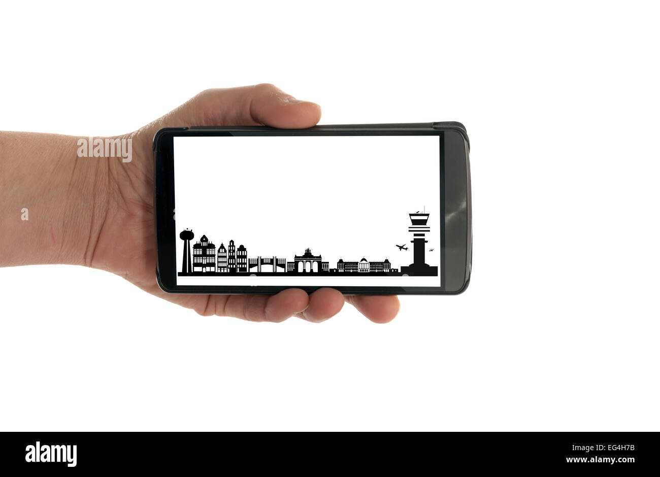 weibliche Hand mit Handy isoliert auf weiß mit Skyline von Brüssel Stockfoto