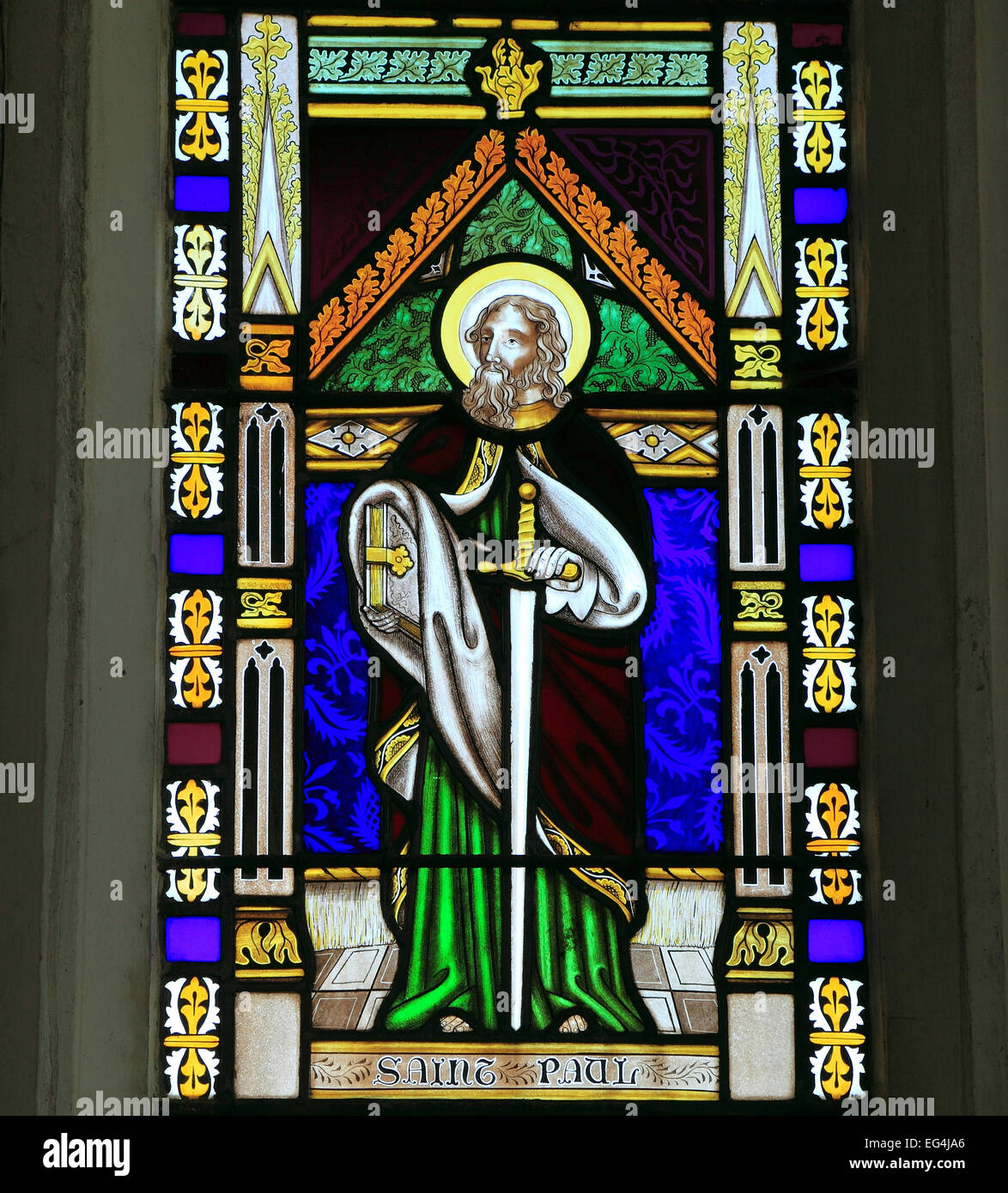 St. Paul, Glasfenster von Joseph Grant von Costessey, 1856, Wighton, Norfolk, England UK, Heilige, Heilige Stockfoto